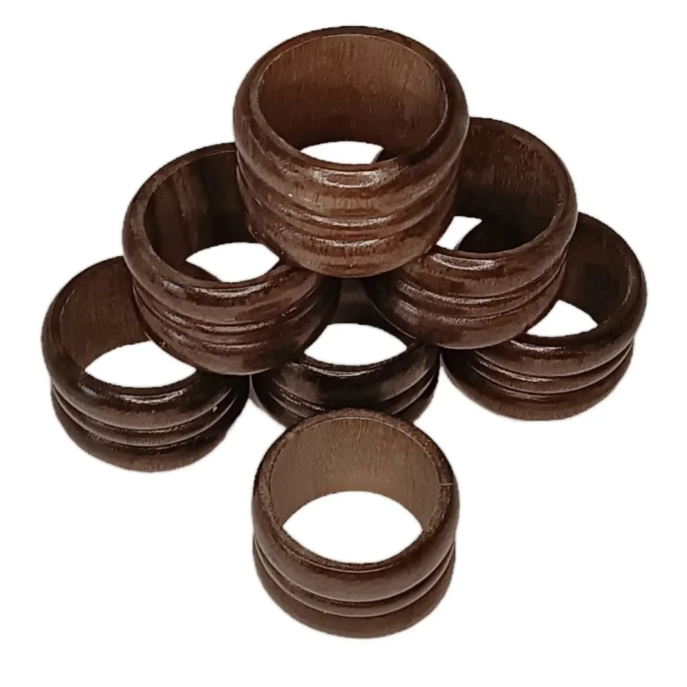 Wood Napkin Rings Brown Set Of Seven Carved Ribbed Boho Style